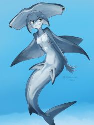 Rule 34 | 1girl, :3, arms behind back, artist name, black eyes, blue background, blue eyes, closed mouth, colored skin, dorsal fin, extra eyes, extra mouth, fins, full body, gills, grey skin, highres, looking at viewer, monster girl, multicolored eyes, nude, original, shark girl, sharp teeth, simple background, solo, teeth, twitter username, underwater, yamanobe saya, yellow eyes