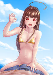 Rule 34 | 1girl, ahoge, bikini, blue male swimwear, blue shorts, blue swim trunks, blunt bangs, breasts, brown hair, bulge, canoka, claw pose, cloud, collarbone, commentary, convenient censoring, drawstring, erection, erection under clothes, fang, girl on top, gold bikini, grinding, grinding over clothes, hand on another&#039;s crotch, hand up, kantai collection, kuma (kancolle), long hair, looking at viewer, male swimwear, midriff, muscular, navel, ocean, open mouth, pov, pov crotch, red eyes, shorts, side-tie bikini bottom, sitting, sitting on person, sky, small breasts, solo focus, swim trunks, swimsuit, teasing, untied bikini