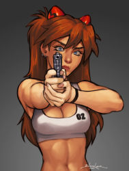 Rule 34 | 1girl, 2022, abs, absurdres, artist name, blanclauz, blue eyes, breasts, brown hair, dated, earrings, finger on trigger, gun, hair ornament, handgun, highres, holding, holding gun, holding weapon, interface headset, jewelry, lips, looking at viewer, medium breasts, navel, neon genesis evangelion, pistol, pointing gun, pointing weapon, shiny skin, signature, solo, souryuu asuka langley, sports bra, two-handed, two-handed handgun grip, upper body, weapon