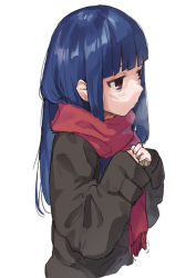 Rule 34 | 1girl, blue hair, blunt bangs, breath, closed mouth, coat, cold, enpera, from side, hands up, highres, idolmaster, idolmaster cinderella girls, jitome, long hair, long sleeves, muchi maro, red eyes, red scarf, sajo yukimi, scarf, simple background, sleeves past wrists, solo, sweater, upper body, white background