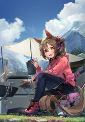Rule 34 | 1girl, alternate costume, animal ears, blue pants, blue sky, blush, boots, brown hair, camping, chair, cloud, cloudy sky, commentary request, cooking, fish, food, grass, grilling, hair between eyes, hair ornament, highres, horse ears, horse tail, jacket, kogomiza, long sleeves, looking at viewer, medium hair, mountain, outdoors, pants, pantyhose, pink footwear, pink jacket, ribbon, shorts, sitting, sky, smart falcon (umamusume), smile, solo, tail, umamusume, yellow eyes