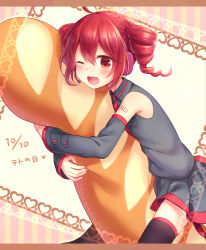 Rule 34 | 1girl, ;d, ahoge, amane kurumi, blush, bread, dated, detached sleeves, drill hair, food, headphones, heart, in food, kasane teto, letterboxed, long hair, hugging object, one eye closed, open mouth, oversized food, oversized object, pleated skirt, red eyes, red hair, skirt, smile, solo, striped, striped background, tattoo, thighhighs, twin drills, twintails, utau, zettai ryouiki