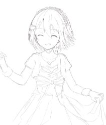 Rule 34 | 1girl, ^ ^, character request, closed eyes, collarbone, dress, flower, greyscale, grin, hair between eyes, hair flower, hair ornament, highres, monochrome, short sleeves, simple background, sketch, smile, solo, white background, xuu shi times, yuusha de aru