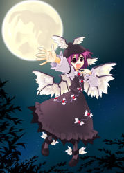 Rule 34 | 1girl, dress, female focus, flying, full body, full moon, gradient background, hat, hitsujin, leaf, moon, moon rabbit, mystia lorelei, nature, night, night sky, open mouth, outdoors, outstretched arm, outstretched hand, pink hair, plant, rabbit, shoes, sky, solo, touhou, when you see it, winged footwear, wings