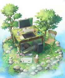 Rule 34 | book, box, cable, chair, commentary, computer, cup, desk, drawing tablet, envelope, flower, folder, grass, green theme, highres, keyboard (computer), leaf, md5 mismatch, mitsuki (yu hsiang yi), monitor, mouse (computer), mug, nature, no humans, original, overgrown, pebble, pink flower, plant, rain, resolution mismatch, ripples, ruins, scenery, source larger, spoon, still life, stuffed animal, stuffed cat, stuffed toy, stylus, tablet pc, trash can, tree, water, white flower