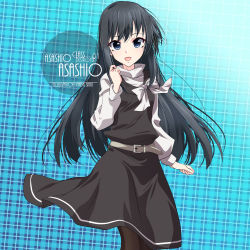 Rule 34 | 1girl, alternate costume, black dress, black hair, black pantyhose, blue background, character name, commentary request, cowboy shot, dress, grey eyes, hair ornament, hairclip, inaba shiki, kantai collection, long sleeves, looking at viewer, oyashio (kancolle), pantyhose, plaid, plaid background, solo, standing, sweater, white sweater