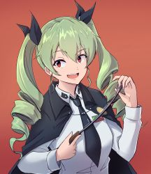 Rule 34 | 1girl, absurdres, anchovy (girls und panzer), anzio military uniform, black cape, black necktie, black ribbon, brown eyes, cape, collared shirt, drill hair, girls und panzer, green hair, hair between eyes, hair ribbon, highres, long hair, long sleeves, looking at viewer, necktie, nico jiang, open mouth, ribbon, shirt, smile, solo, teeth, tongue, twin drills, upper teeth only, white shirt