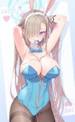Rule 34 | 1girl, absurdres, animal ears, armpits, arms behind head, arms up, asuna (blue archive), asuna (bunny) (blue archive), azumi akitake, bare shoulders, black pantyhose, blue archive, blue eyes, bow, bowtie, breasts, cleavage, fake animal ears, hair over one eye, halo, heart, highres, large breasts, leotard, light brown hair, long hair, looking at viewer, mole, mole on breast, one eye covered, pantyhose, playboy bunny, rabbit ears, skin tight, smile, solo, standing, thighs, traditional bowtie, very long hair