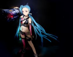 Rule 34 | 1girl, belt, blue hair, breasts, bullet, cleavage, highres, jewelry, jinx (league of legends), league of legends, lipstick, long hair, makeup, middle finger, necklace, pink eyes, pink lips, shorts, tattoo, twintails