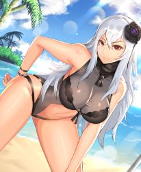 Rule 34 | 1girl, absurdres, azur lane, beach, bent over, black flower, black one-piece swimsuit, breasts, clothing cutout, clyde s, crossed bangs, day, dutch angle, flower, graf zeppelin (azur lane), graf zeppelin (beachside urd) (azur lane), grey one-piece swimsuit, hair between eyes, hair flower, hair ornament, hand on own hip, highres, large breasts, layered swimsuit, light rays, long hair, looking at viewer, navel, navel cutout, one-piece swimsuit, outdoors, red eyes, silver hair, skindentation, smile, solo, swimsuit, turtleneck, very long hair, wristband