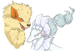Rule 34 | arcanine, beads, bright pupils, commentary request, creatures (company), floating hair, game freak, gen 1 pokemon, gen 7 pokemon, green hair, highres, long hair, nintendo, no humans, oimo kenpi, open mouth, pokemon, pokemon (creature), primarina, red eyes, simple background, teeth, tongue, white background, white pupils