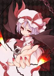 Rule 34 | 1girl, ascot, bat wings, belt, blue hair, chain, dress, female focus, foreshortening, grin, hat, highres, nail polish, outstretched hand, pink dress, red eyes, remilia scarlet, sacha, sharp teeth, smile, solo, teeth, touhou, wings