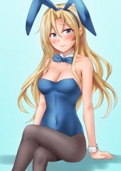 Rule 34 | 1girl, alternate costume, alternate eye color, animal ears, anti (untea9), black pantyhose, blonde hair, blue background, blue eyes, blue leotard, blush, bow, bowtie, breasts, cleavage, covered navel, cowboy shot, crossed legs, detached collar, embarrassed, gradient background, hair between eyes, highres, hornet (kancolle), kantai collection, leotard, lips, long hair, looking at viewer, medium breasts, pantyhose, playboy bunny, rabbit ears, shadow, sitting, solo, strapless, strapless leotard, sweatdrop, traditional bowtie, twitter username, wrist cuffs