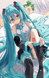Rule 34 | 1girl, :o, black footwear, black skirt, black sleeves, blue eyes, blue hair, blue necktie, blush, boots, breasts, collared shirt, commentary request, curtains, detached sleeves, feet out of frame, grey shirt, hair between eyes, hatsune miku, highres, indoors, knee up, long sleeves, looking at viewer, necktie, nose blush, on bed, parted lips, pentagon (railgun ky1206), pleated skirt, shirt, sitting, skirt, sleeveless, sleeveless shirt, sleeves past wrists, small breasts, solo, thigh boots, translation request, vocaloid, wide sleeves, wooden floor