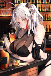 Rule 34 | 1girl, ahoge, azur lane, bar (place), bare shoulders, black dress, black gloves, blush, bottle, breasts, cleavage, closed mouth, cognac, cup, dress, gloves, hair ribbon, highres, holding, holding cup, large breasts, long hair, looking at viewer, multicolored hair, official alternate costume, orange eyes, prinz eugen (azur lane), prinz eugen (cordial cornflower) (azur lane), ribbon, silver hair, sitting, solo, sonaworld