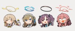 Rule 34 | 4girls, amonitto, aru (blue archive), asuna (blue archive), bag, blue archive, blue eyes, blue neckwear, blush, breasts, closed eyes, coat, cropped torso, grey background, hair between eyes, hair ornament, headphones, hifumi (blue archive), highres, horns, light brown hair, long hair, low twintails, maid, maid headdress, mole, mole on breast, multiple girls, neck ribbon, necktie, no pupils, open mouth, pink hair, purple eyes, purple hair, red neckwear, ribbon, sailor collar, school uniform, serafuku, shirt, simple background, smile, sweat, twintails, two side up, yellow neckwear, yuuka (blue archive)