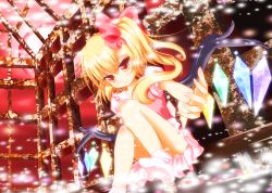 Rule 34 | 1girl, blonde hair, bow, cage, dress, female focus, flandre scarlet, flying, hair bow, lights, moon, no headwear, no headwear, outstretched hand, panties, pink dress, red background, red eyes, red moon, rust, side ponytail, smile, solo, embodiment of scarlet devil, touhou, underwear, upskirt, white panties, wings, yuimari