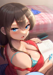 Rule 34 | 1girl, bed, bed sheet, black hair, blue bra, blue eyes, bra, bra strap, breasts, bush, cellphone, cleavage, collarbone, hair between eyes, hair ornament, hair scrunchie, holding, holding pen, large breasts, long hair, looking at viewer, maku ro, mechanical pencil, notebook, open mouth, original, pen, pencil, phone, red shirt, scrunchie, shirt, sidelocks, sitting, smartphone, solo, stuffed animal, stuffed dolphin, stuffed toy, underwear