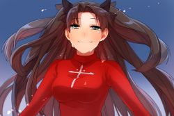 Rule 34 | 1girl, bad id, bad pixiv id, black hair, blue eyes, breasts, fate/stay night, fate (series), gradient background, long hair, looking at viewer, maguro (ma-glo), smile, solo, tears, tohsaka rin, turtleneck, twintails, two side up