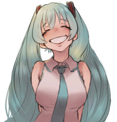 Rule 34 | 1girl, ^ ^, aqua hair, arms behind back, bare arms, bare shoulders, blush, breasts, closed eyes, facing viewer, grey shirt, grin, hair ornament, hatsune miku, highres, long hair, looking at viewer, medium breasts, necktie, r-man, shirt, simple background, sleeveless, sleeveless shirt, smile, solo, twintails, upper body, very long hair, vocaloid, white background