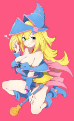 Rule 34 | 1girl, absurdres, bare shoulders, blonde hair, blue footwear, blush stickers, boots, breasts, cleavage, closed mouth, commentary request, dark magician girl, green eyes, hair between eyes, hand up, hat, heart, highres, holding, igo miku, jewelry, large breasts, long hair, necklace, off shoulder, on one knee, pink background, simple background, smile, solo, v, wand, yu-gi-oh!