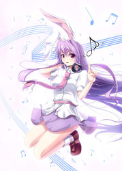 Rule 34 | 1girl, animal ears, female focus, flat sign, headphones, highres, jumping, kuga (rinkane), listening to music, long hair, musical note, necktie, pink eyes, pink necktie, pointing, purple hair, quaver, quaver rest, rabbit ears, reisen udongein inaba, sharp sign, solo, staff (music), touhou, treble clef, very long hair