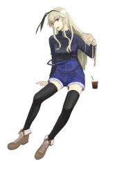 Rule 34 | 1girl, :d, black thighhighs, blonde hair, boots, breasts, brown eyes, drink, drinking straw, epitaph (1122), highres, kantai collection, long hair, looking at viewer, open mouth, overalls, shimakaze (kancolle), sitting, smile, solo, starbucks, teeth, thighhighs