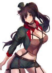 Rule 34 | 1girl, alternate costume, black hair, breasts, brown eyes, choker, cleavage, commentary request, cowboy shot, halterneck, hat, highres, hotate-chan, idolmaster, idolmaster shiny colors, large breasts, midriff, mini hat, one eye closed, red neckwear, shirase sakuya, shorts, shrugging, smile, solo, white background, yellow eyes