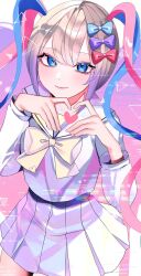 Rule 34 | 1girl, blonde hair, blue bow, blue eyes, blue hair, blue shirt, blue skirt, bow, chouzetsusaikawa tenshi-chan, closed mouth, commentary, eyeshadow, gradient hair, hair bow, hands up, heart, heart hands, highres, holographic clothing, long hair, long sleeves, looking at viewer, makeup, multicolored hair, multiple hair bows, needy girl overdose, pink bow, pink eyeshadow, pink hair, pink lips, pleated skirt, purple bow, purple hair, quad tails, sailor collar, sakidoro, school uniform, serafuku, shirt, skirt, smile, solo, twintails, very long hair, yellow bow