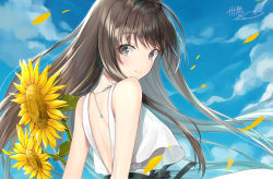Rule 34 | 1girl, bare shoulders, blue sky, blush, brown hair, closed mouth, cloud, cloudy sky, commentary request, day, dress, flower, grey eyes, kagachi saku, long hair, looking at viewer, looking to the side, original, outdoors, petals, signature, sky, sleeveless, sleeveless dress, smile, solo, sunflower, white dress, yellow flower