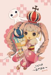 Rule 34 | 1girl, 2020, bandages, black eyes, blunt bangs, chibi, commentary request, crown, drill hair, eyelashes, floral print kimono, fur collar, geta, ghost, highres, holding, holding stuffed toy, japanese clothes, kimono, kumacy, looking at viewer, mask, mini crown, mouth mask, obi, perona, pink background, pink kimono, sash, smile, socks, stuffed toy, tokuura, twin drills, twintails, twitter, wide sleeves, yellow sash