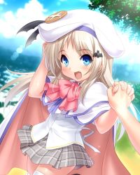 Rule 34 | 1girl, 1other, beret, blonde hair, blue eyes, blue sky, bow, cape, cloud, commentary request, cowboy shot, day, dress, fang, grey skirt, holding hands, hat, highres, kud wafter, little busters!, long hair, looking at viewer, noumi kudryavka, open mouth, outdoors, pink bow, plaid, plaid skirt, pleated dress, school uniform, shirt, skirt, sky, smile, thighhighs, white cape, white headwear, white shirt, zen