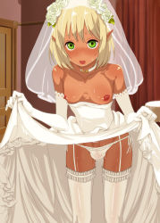 Rule 34 | 1boy, bulge, censored, clothes lift, crossdressing, dress, dress lift, elbow gloves, elf, gloves, green eyes, highres, indoors, male focus, nipples, panties, papaya milk, penis, pointy ears, solo, thighhighs, trap, underwear, wedding dress, white thighhighs