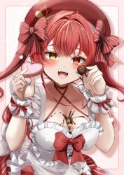 Rule 34 | 1girl, breasts, cleavage, food, heterochromia, highres, hololive, houshou marine, large breasts, long hair, looking at viewer, medium breasts, mikazuki cocolo, open mouth, red eyes, red hair, smile, solo, valentine, virtual youtuber, yellow eyes