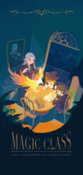 Rule 34 | 1boy, 1girl, 1other, absurdres, bird, black hair, black robe, blue eyes, book, book stack, brown hair, chair, chick, colin reeds, copyright request, dated, elf, faye (finding paradise), finding paradise, glowing, grey hair, hat, highres, hood, hood down, indoors, merlinambrosius, night, open book, painting (object), parion, phoenix, pointy ears, robe, sidelocks, sitting, standing, table, witch hat, wrist cuffs