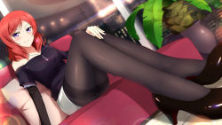 Rule 34 | 10s, 1girl, alternate costume, bare shoulders, black footwear, black pantyhose, blurry, bokeh, building, city lights, closed mouth, couch, depth of field, dutch angle, feet, from below, glass, hand on own knee, high heels, highres, indoors, layered sleeves, legs, lens flare, long sleeves, looking at viewer, love live!, love live! school idol festival, love live! school idol project, miniskirt, musaceae, night, nishikino maki, off-shoulder shirt, off shoulder, pantyhose, pencil skirt, pillow, plant, potted plant, purple eyes, red hair, shirt, shoes, short over long sleeves, short sleeves, sitting, skirt, sliding doors, smile, solo, swept bangs, thighband pantyhose, tile floor, tiles, towel, white skirt, xiao ren