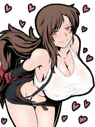 Rule 34 | 1990s (style), 1girl, arms behind back, belt, blush, breasts, brown eyes, brown hair, cleavage, collarbone, covered erect nipples, crop top, final fantasy, final fantasy vii, gloves, heart, highres, huge breasts, large breasts, leaning forward, light smile, long hair, miniskirt, no bra, red gloves, retro artstyle, shirt, simple background, skirt, solo, suspender skirt, suspenders, taro, taut clothes, taut shirt, tifa lockhart, very long hair, white background