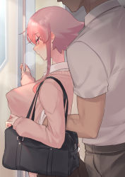 Rule 34 | 1girl, absurdres, aizenpochi, bag, blush, breasts, breath, cardigan, covered erect nipples, embarrassed, from side, grabbing, grabbing another&#039;s breast, grabbing from behind, hair between eyes, hand under clothes, height difference, highres, large breasts, long sleeves, molestation, original, pink hair, red eyes, school bag, school uniform, short hair with long locks, skirt, standing, train, train interior, upper body