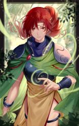 Rule 34 | 1boy, armor, breastplate, cape, circlet, commission, fire emblem, fire emblem gaiden, green cape, haru (nakajou-28), highres, looking at viewer, luthier (fire emblem), nintendo, outdoors, pauldrons, pixiv commission, ponytail, red eyes, red hair, shoulder armor, smile, solo, thighhighs, wind, zettai ryouiki