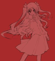 Rule 34 | 00s, 10mo, 1girl, angry, blush, fate/stay night, fate (series), floating hair, foreshortening, hair ribbon, homurahara academy school uniform, long hair, looking at viewer, monochrome, neck ribbon, red theme, ribbon, school uniform, sharp teeth, shirt, skirt, solo, teeth, tohsaka rin, twintails, two side up, very long hair, vest