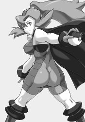 Rule 34 | 1girl, arm behind back, ass, back, bare arms, bodysuit, boots, breasts, butt crack, cape, clair (pokemon), closed mouth, covered erect nipples, creatures (company), earrings, feet out of frame, from behind, game freak, gem, gloves, grey background, greyscale, gym leader, hair between eyes, hair tie, high ponytail, highres, hinokawa jun, holding, holding poke ball, jewelry, knee boots, kneepits, large breasts, legs apart, long hair, looking at viewer, looking back, monochrome, nintendo, outstretched arms, pearl (gemstone), poke ball, poke ball (basic), pokemon, pokemon hgss, sideboob, simple background, smirk, solo, thighs, wedgie