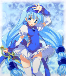 Rule 34 | 1girl, :d, arm garter, arm over head, arm up, bad id, bad pixiv id, beads, holding behind back, blue eyes, blue gemstone, blue hair, blue theme, brooch, c-labo, clothing cutout, covered navel, detached sleeves, frilled skirt, frills, gem, hair beads, hair ornament, holding, holding sword, holding weapon, jewelry, long hair, looking at viewer, lord of walkure, low-tied long hair, matching hair/eyes, navel, open mouth, puffy short sleeves, puffy sleeves, short sleeves, side cutout, skin tight, skirt, smile, solo, sword, thighhighs, tiara, very long hair, weapon, wind, wind lift, zettai ryouiki