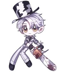 Rule 34 | 1boy, animal print, appleheart04, bandaged arm, bandages, blood, bloody weapon, blush, chainsaw, chibi, colored eyelashes, cow print, formal, gloves, hat, highres, holding, holding chainsaw, loafers, looking at viewer, male focus, necktie, pants, parted bangs, personification, power tool, shoes, short hair, sleeves rolled up, slendytubbies, solo, standing, standing on one leg, suit, teletubbies, the guardian (slendytubbies), top hat, v-shaped eyebrows, weapon, white hair, yellow eyes
