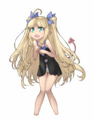 Rule 34 | 1girl, ahoge, astarotte ygvar, astcd2, blonde hair, bow, clothing cutout, cropped legs, demon tail, fang, green eyes, hair bow, knees together feet apart, long hair, lotte no omocha!, navel, navel cutout, open mouth, panties, pointy ears, simple background, slit pupils, solo, tail, twintails, underwear, very long hair