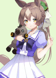 Rule 34 | 1girl, animal ears, blush, bow, bowtie, braid, brown eyes, collarbone, commentary request, eyelashes, green background, green ribbon, hair between eyes, hair ornament, hair ribbon, hands up, high ponytail, highres, holding, holding stuffed toy, horse ears, horse girl, horse tail, horseshoe ornament, long hair, looking at viewer, multicolored hair, parted lips, pleated skirt, ponytail, puffy short sleeves, puffy sleeves, purple bow, purple bowtie, purple shirt, ribbon, sailor collar, sailor shirt, satono diamond (umamusume), school uniform, shirt, short sleeves, sidelocks, single braid, skirt, sleeve cuffs, solo, standing, stuffed animal, stuffed horse, stuffed toy, tail, tracen school uniform, two-tone hair, umamusume, valma uniy, very long hair, white hair, white sailor collar, white skirt