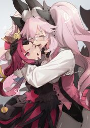 Rule 34 | 2girls, absurdres, animal ear fluff, animal ears, benienma (fate), benienma alter (fate), black bow, black gloves, blush, bow, breasts, closed eyes, coattails, collared shirt, corset, dress shirt, fate/grand order, fate (series), fox tail, glasses, gloves, hair between eyes, hair bow, highres, hug, koyanskaya (assassin) (second ascension) (fate), koyanskaya (fate), large breasts, long hair, long sleeves, low ponytail, multiple girls, no-kan, one eye closed, open mouth, pantyhose, parted bangs, pink hair, rabbit ears, red eyes, red hair, shirt, sidelocks, smile, tail, tamamo (fate), thighs, twintails, underbust, very long hair, white pantyhose, white shirt