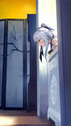 Rule 34 | 1girl, against railing, bare shoulders, black gloves, blindfold, blue ribbon, chinese commentary, commentary request, crescent, folding screen, from side, gloves, hair ribbon, highres, honkai: star rail, honkai (series), indoors, jingliu (honkai: star rail), le (huanglongen), looking ahead, medium hair, mouth hold, ponytail, railing, red eyes, ribbon, single glove, solo, upper body, white hair, yellow background