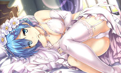 Rule 34 | 10s, 1girl, ass, bare shoulders, blue eyes, blue hair, breasts, cameltoe, cleavage, commentary request, curtains, dress, elbow gloves, flower, garter straps, gloves, hair flower, hair ornament, hair over one eye, highres, indoors, jewelry, lens flare, light particles, looking at viewer, lying, medium breasts, necklace, nemo (piisukun), on bed, on side, panties, pantyshot, pearl necklace, re:zero kara hajimeru isekai seikatsu, rem (re:zero), short hair, single thighhigh, smile, solo, thighhighs, underwear, wedding dress, white flower, white gloves, white panties, white thighhighs, window, x hair ornament