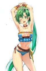 Rule 34 | 1girl, armpits, athenawyrm, bikini, blush, breasts, cowboy shot, earrings, fire emblem, fire emblem: the blazing blade, fire emblem heroes, green eyes, green hair, high ponytail, highres, jewelry, large breasts, long hair, looking at viewer, lyn (fire emblem), lyn (summer) (fire emblem), matching hair/eyes, navel, nintendo, one eye closed, open mouth, ponytail, simple background, smile, solo, strapless, strapless bikini, swimsuit, very long hair, white background