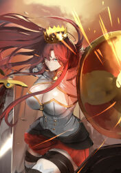 Rule 34 | 1girl, blue eyes, boudica (fate), breasts, cleavage, cleavage cutout, clothing cutout, corset, crown, fate/grand order, fate (series), fighting stance, jikihatiman, large breasts, long hair, looking at viewer, red hair, red skirt, serious, shield, skirt, solo, sword, thighhighs, thighs, weapon, white corset, zettai ryouiki